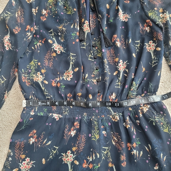 Anthropologie Elevenses Navy Floral Print Romper Long Sleeve Ruffle Neck Size L - Picture 10 of 12